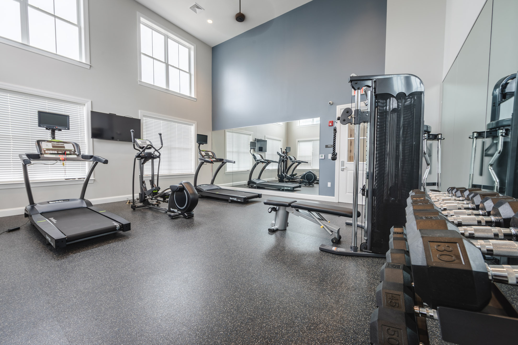 Contemporary fitness center featuring state-of-the-art equipment, spacious layout, and bright natural lighting.