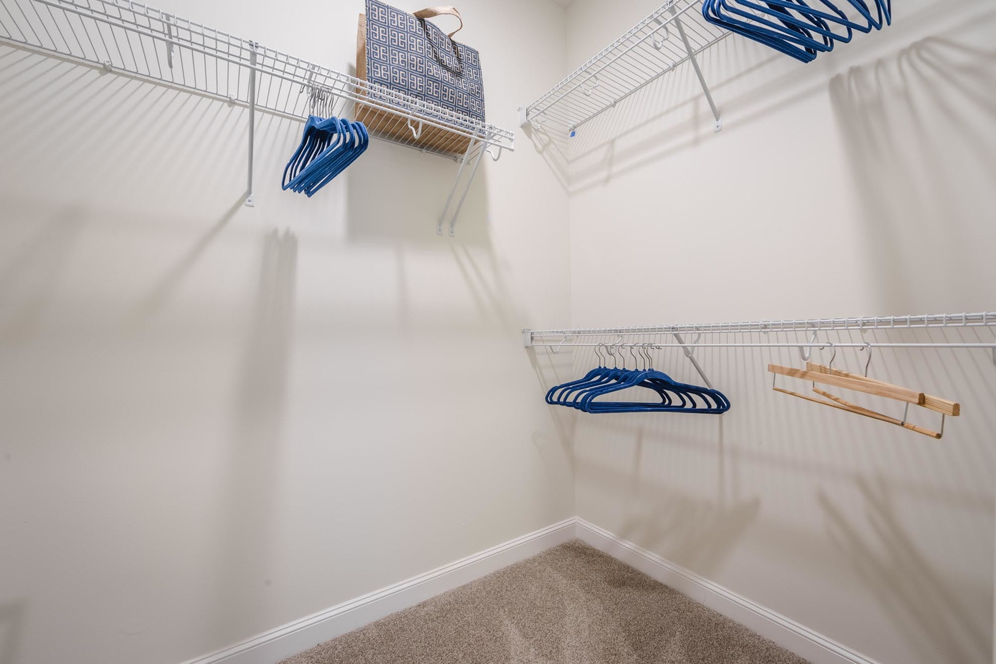 Spacious walk-in closet with organized shelving and plush carpet, ready to accommodate your wardrobe in style.