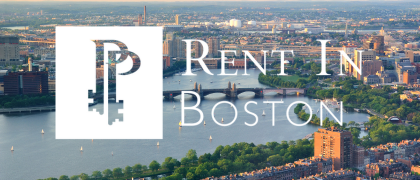 Aerial view of Boston cityscape with river and greenery, branded with 'Rent In Boston' logo.