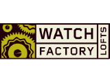 Bold logo design for Watch Factory Lofts featuring stylized gears, highlighting industrial chic aesthetic.