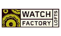 Distinctive logo for Watch Factory Lofts featuring intricate gear designs in a modern layout.