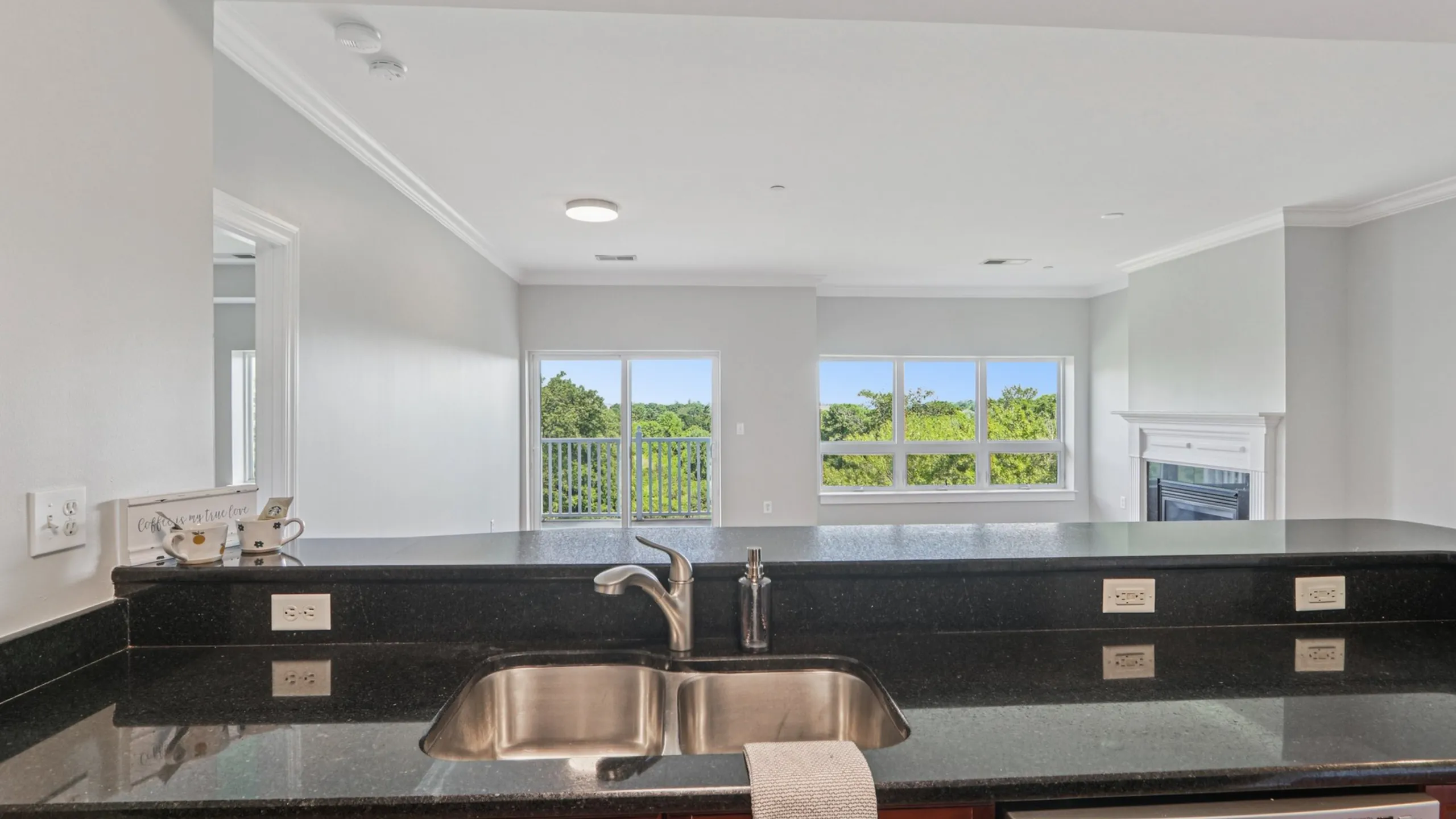 Bright open-concept kitchen and living area with elegant countertops and a scenic view through large windows.