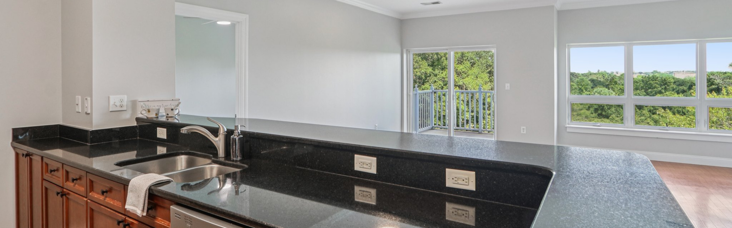 Bright open-plan living area with elegant black granite countertops, stylish sink, and expansive windows offering lush green views.