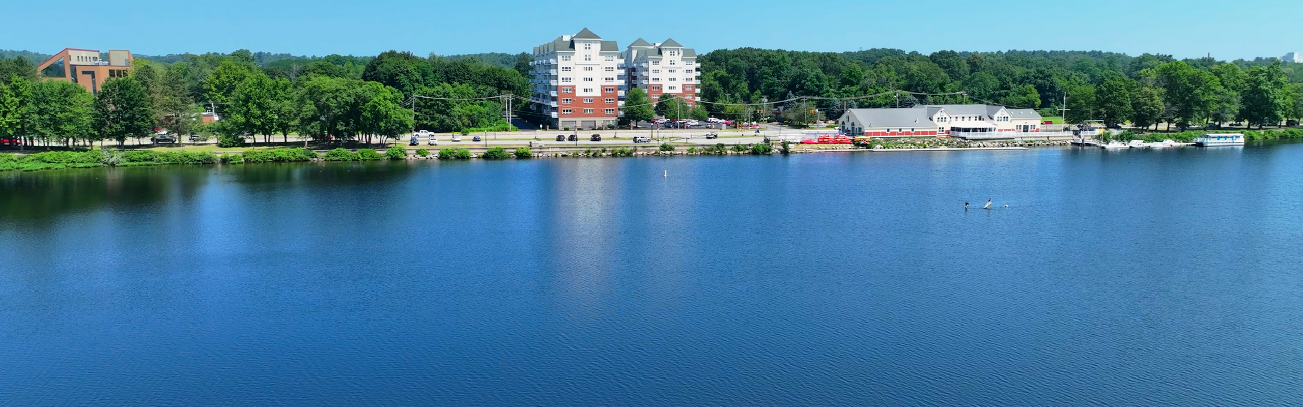 Serene lakeside view showcasing modern apartment buildings surrounded by lush greenery, offering tranquil living with picturesque water and forest scenery.