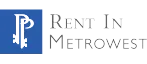 Elegant Rent In Metrowest logo featuring a blue square with a stylish white monogram and modern typography.