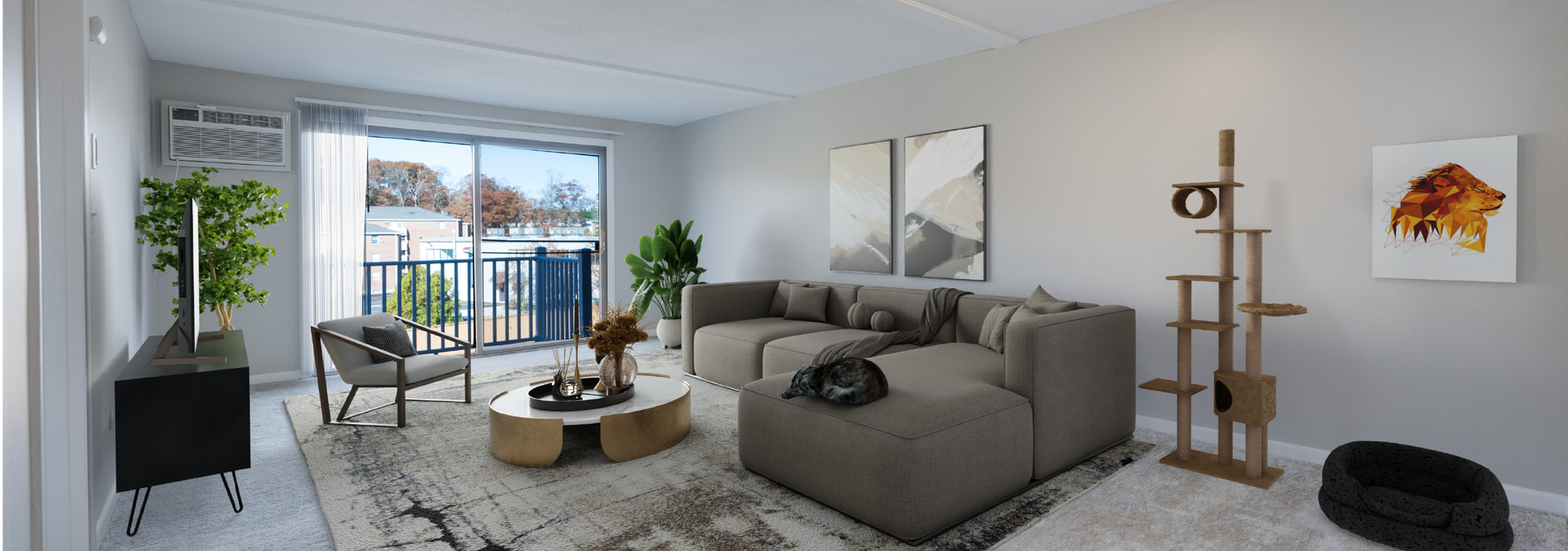 Chic living room with modern furnishings, cozy gray sectional, and large windows offering natural light. Features a vibrant lion artwork and stylish decor with lush plants.