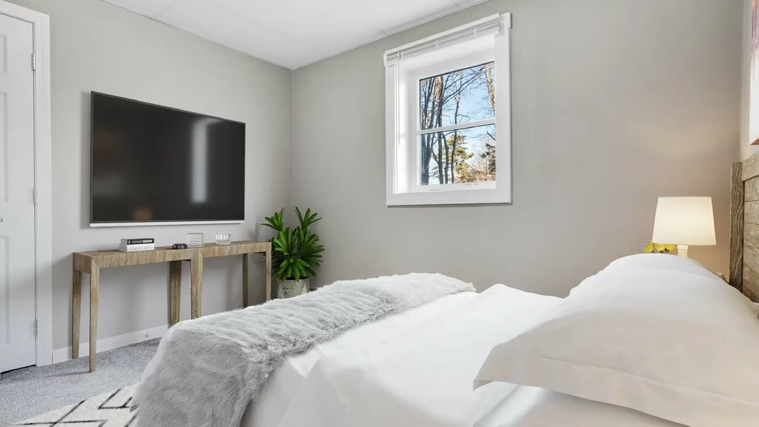Cozy bedroom with a plush bed, sleek wall-mounted TV, and a touch of greenery, offering serene ambiance and modern comfort.