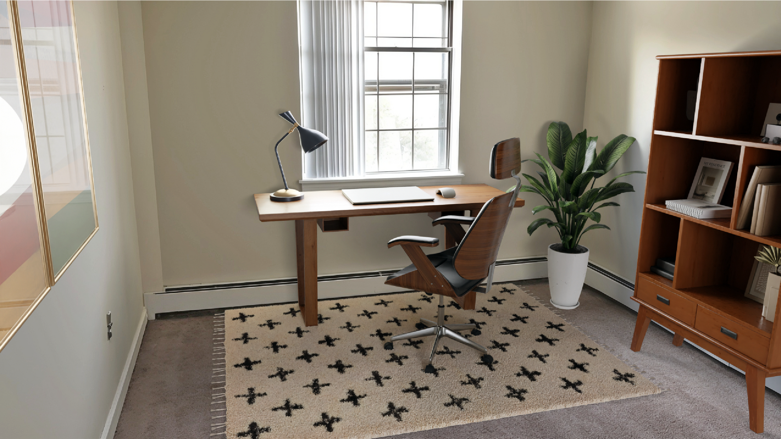 Bright home office with sleek wooden desk and modern chair, accented by stylish bookshelf and lush plant.