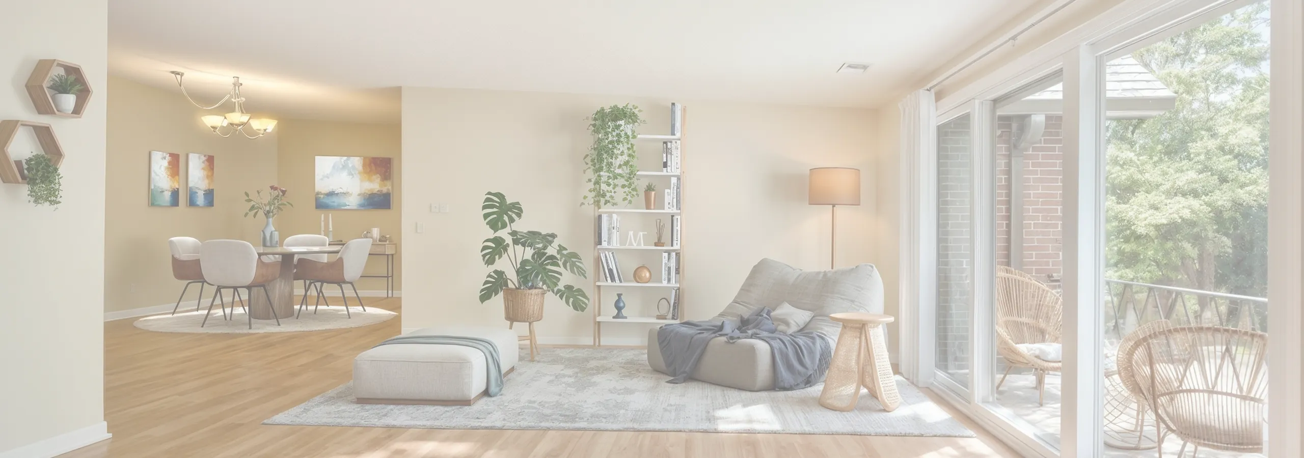 Bright and inviting living space with modern decor, featuring a cozy reading nook, elegant dining area, and expansive windows opening to a serene balcony view.