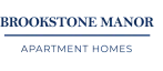 Elegant Brookstone Manor logo in sleek blue font showcasing premium apartment homes.