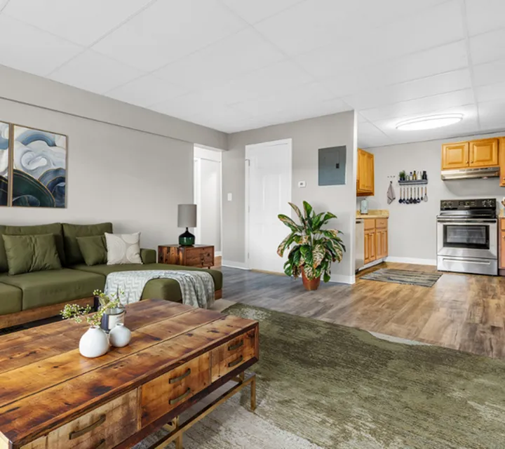 Inviting open-plan living room and kitchen with modern appliances, stylish wood furniture, and a cozy green accent sofa.