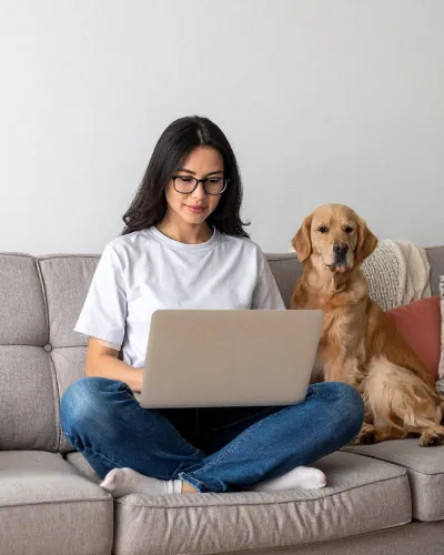 Cozy apartment living room with a person working on a laptop, featuring a comfortable sofa and a friendly dog by their side.