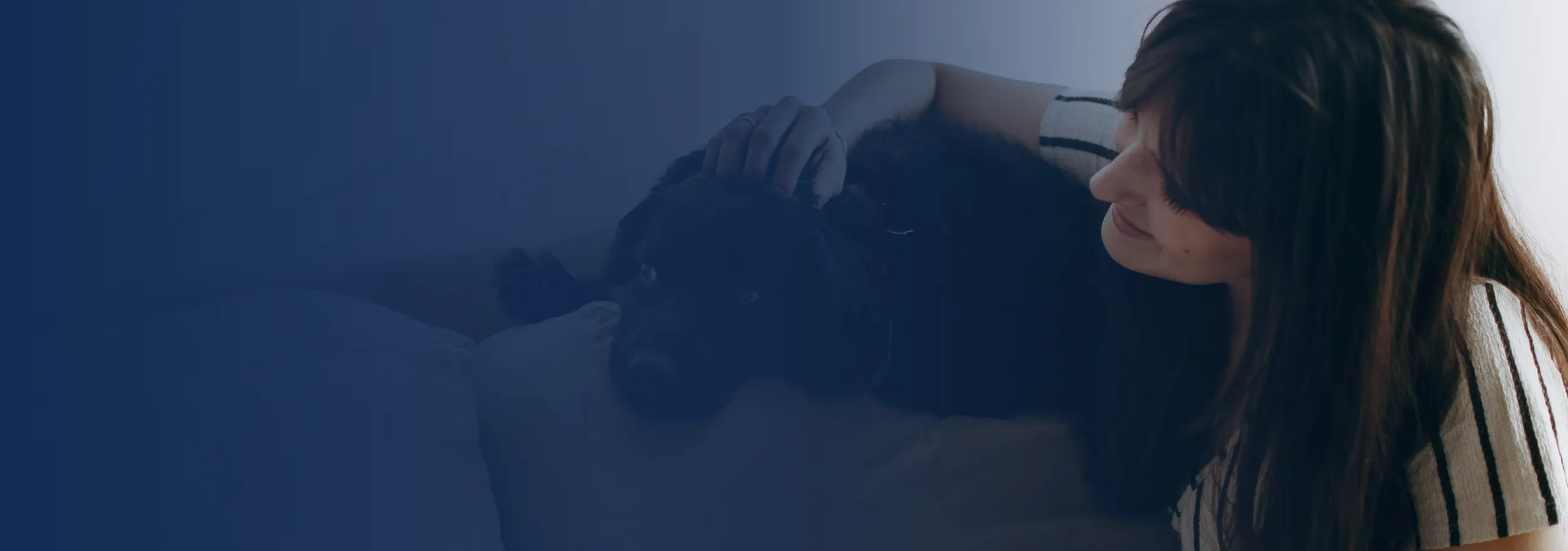 Serene moment of a person relaxing on a couch, gently petting a calm black dog, evoking a sense of warmth and comfort.