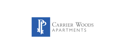 Carrier Woods Apartments logo in blue with a modern and elegant design.
