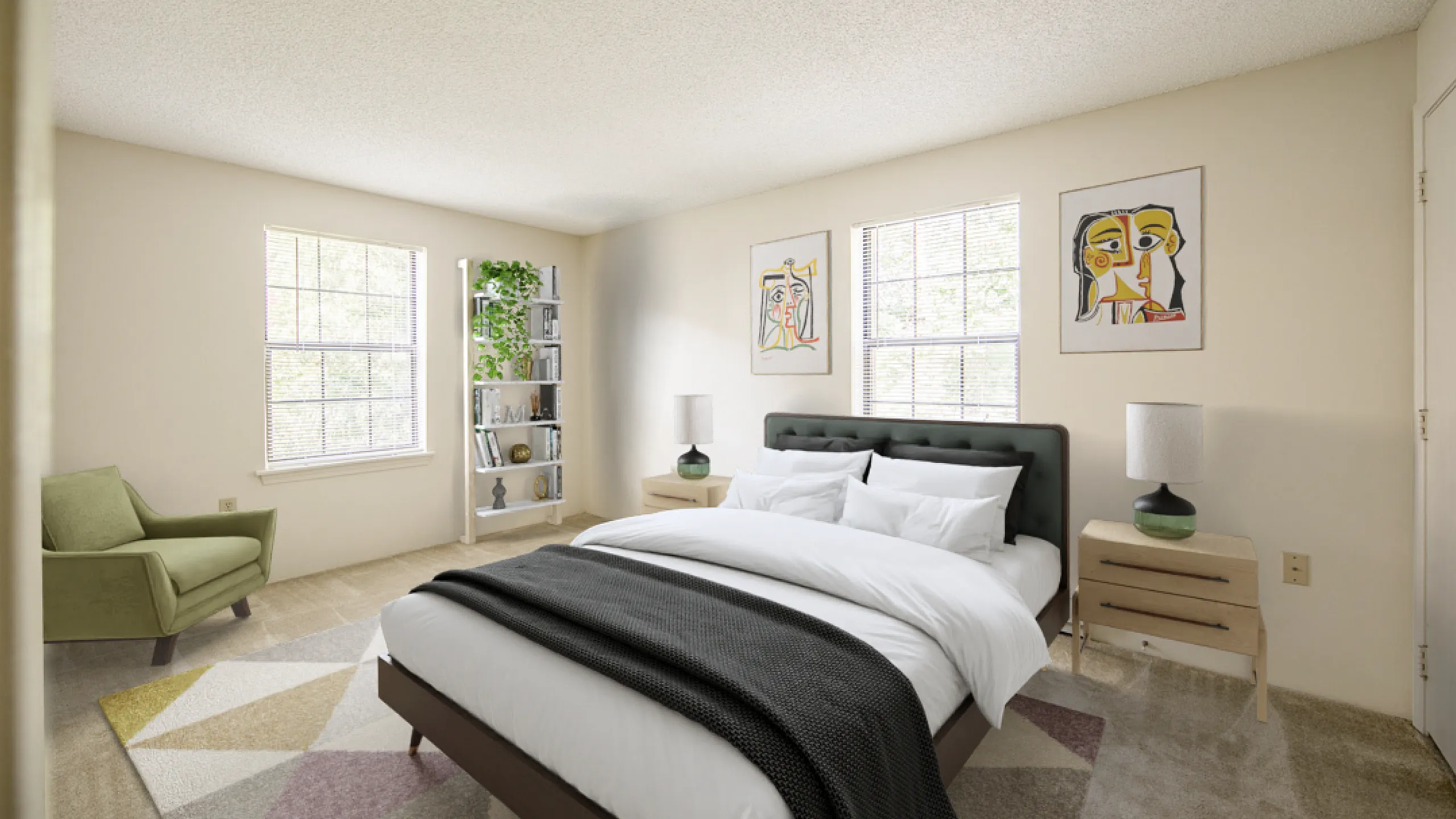 Bright and airy bedroom with modern decor, featuring a plush bed, stylish artwork, and a cozy reading nook.