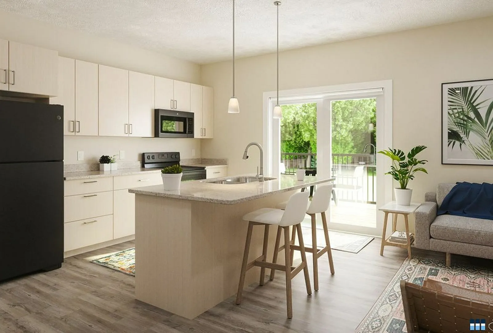 Modern open-concept kitchen and living room with bright natural light, sleek cabinets, stylish island seating, and cozy decor.