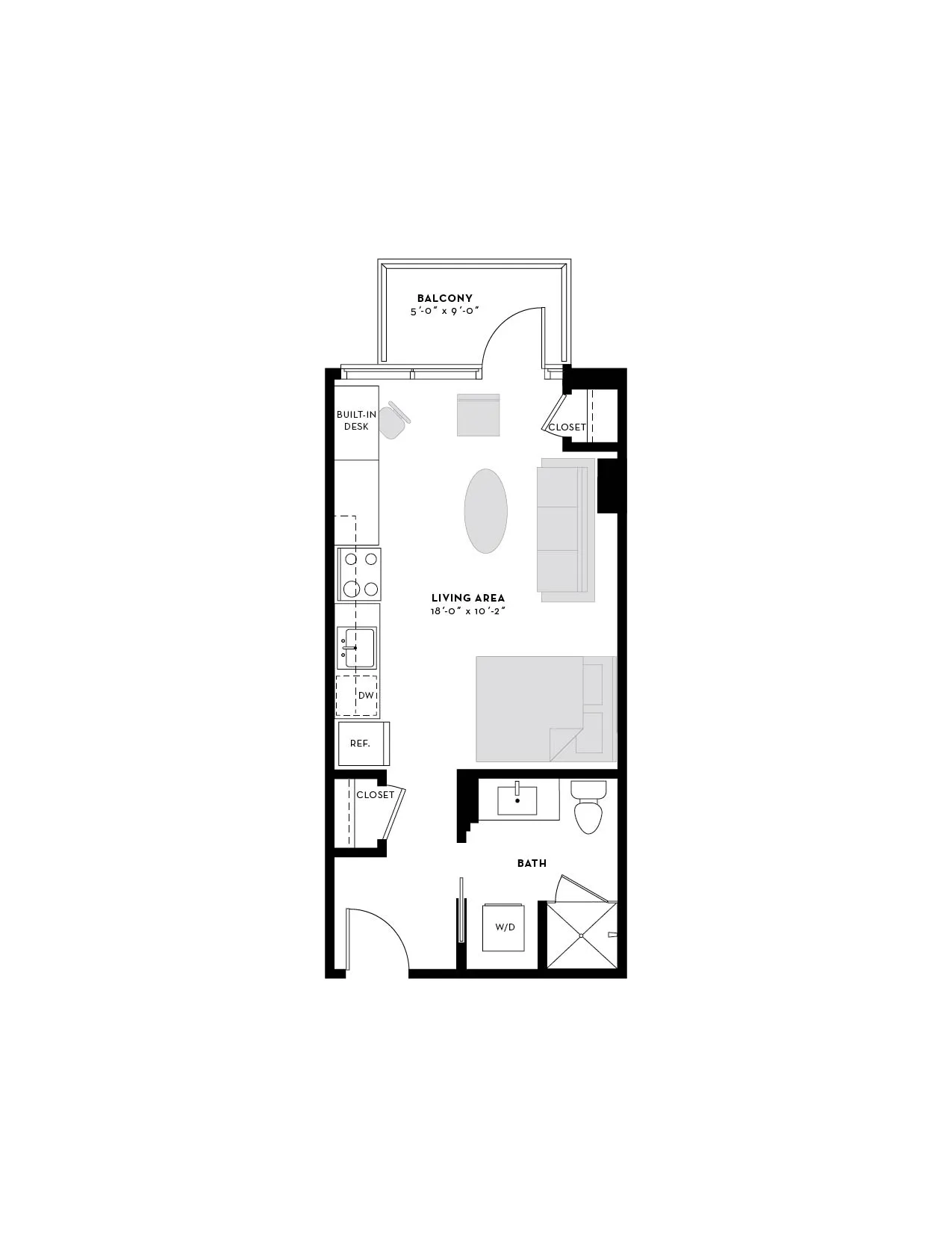 Modern floor plan showcasing a spacious open-concept living area with a built-in desk, a cozy bedroom, and a private balcony. Includes bathroom, ample storage, and convenient in-unit washer/dryer.