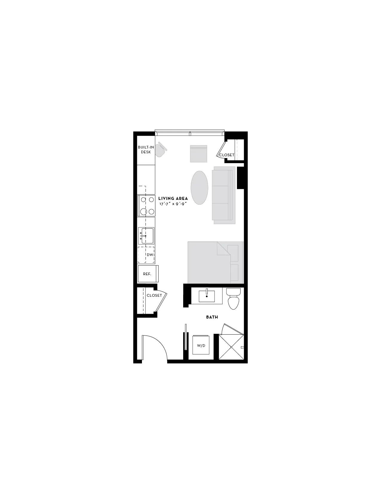Modern floor plan showcasing a stylish studio apartment with an open-concept living area, built-in desk, cozy sleeping space, and a full bathroom.