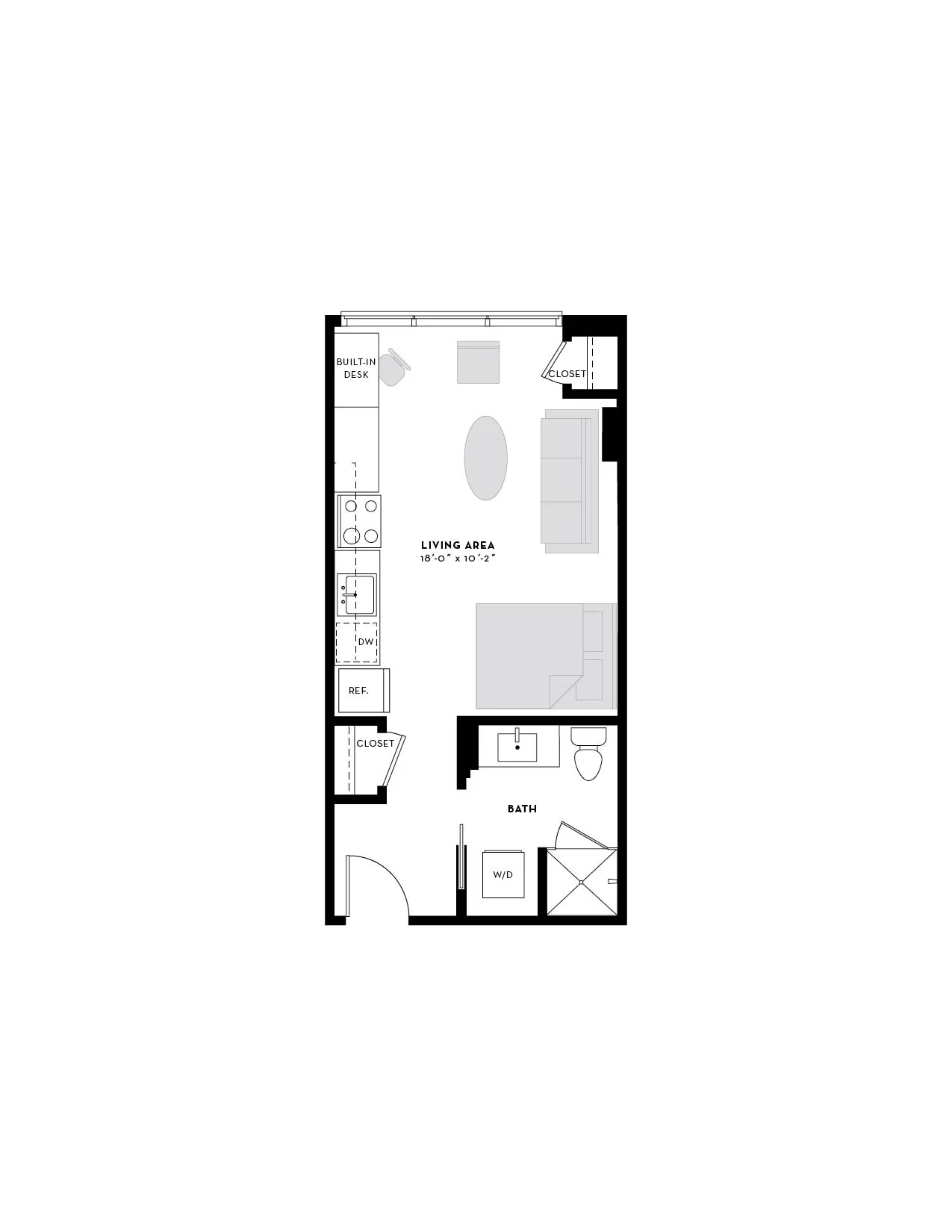 Modern studio apartment floor plan with open living area, built-in desk, cozy bedroom, and convenient in-unit laundry.