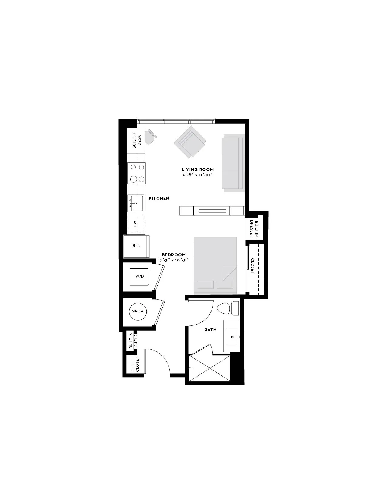 Contemporary one-bedroom apartment floor plan featuring a cozy living area, modern kitchen, and elegant bathroom. Ideal layout maximizing functionality and comfort.