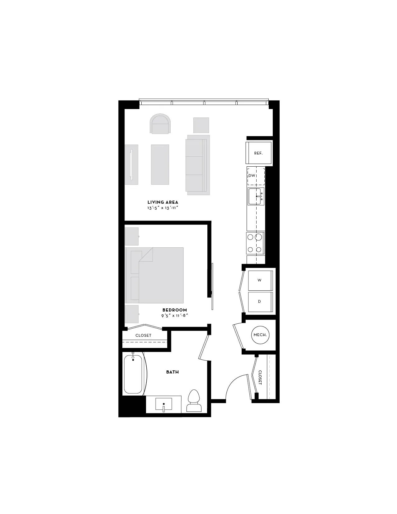 Modern 1-bedroom apartment floor plan featuring a spacious living area, well-equipped kitchen, and elegant bath, designed for comfort and style.
