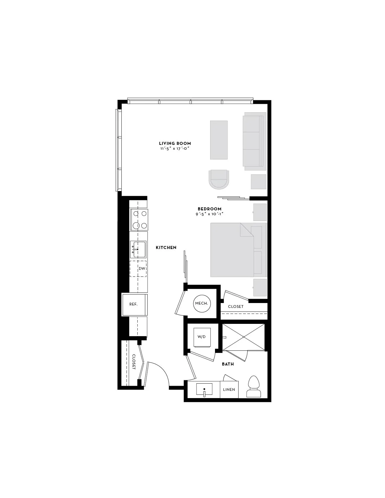 Modern floor plan featuring a cozy 1-bedroom apartment with open-concept kitchen, spacious living room, and efficient layout.