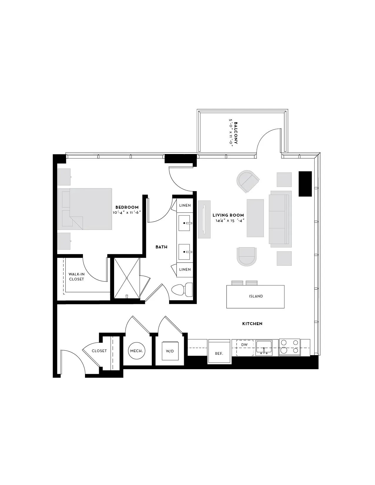 Elegant floor plan showcasing 1 bedroom, a spacious living room, an open kitchen with island, balcony, and modern amenities.
