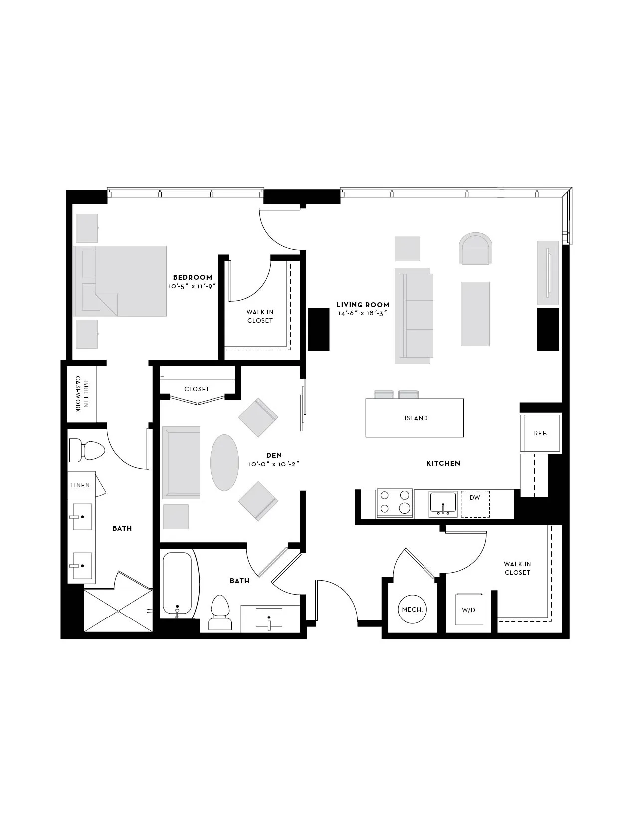 Modern floor plan featuring a spacious living room, contemporary kitchen with island, cozy den, one bedroom with walk-in closet, and two well-appointed bathrooms.