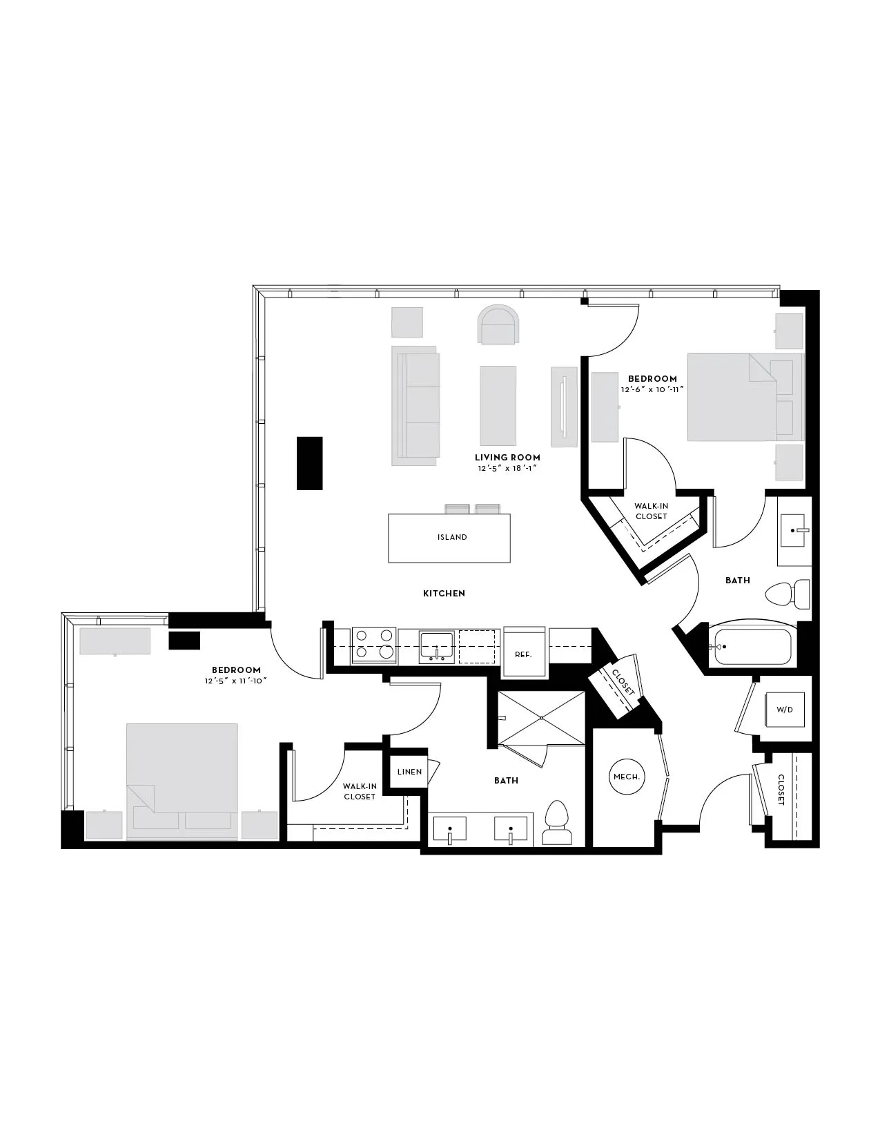 Modern floor plan showcasing 2 bedrooms with walk-in closets, spacious living room, and an island kitchen for comfortable living.