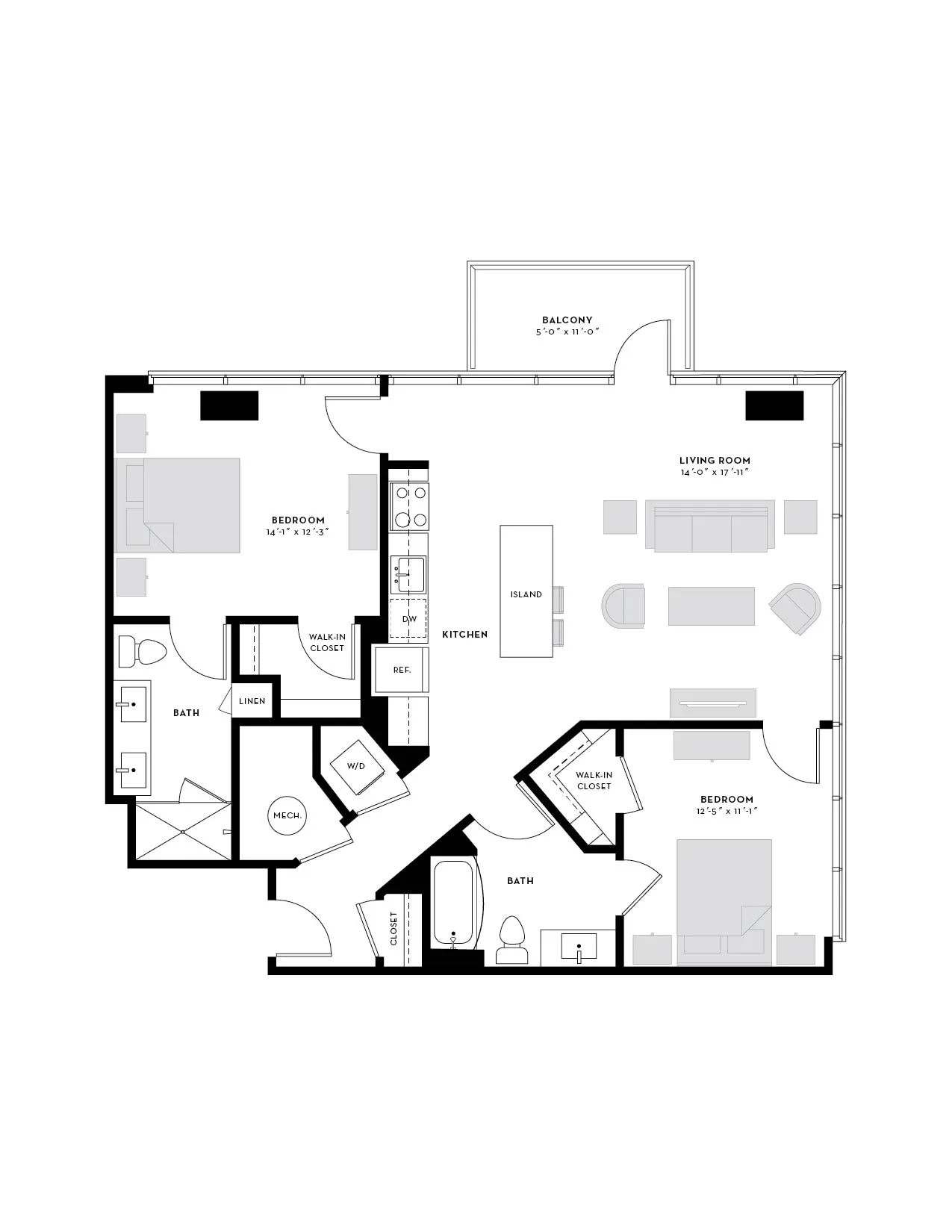 Modern floor plan featuring 2 spacious bedrooms, open-concept living room, and kitchen with island, plus a private balcony.