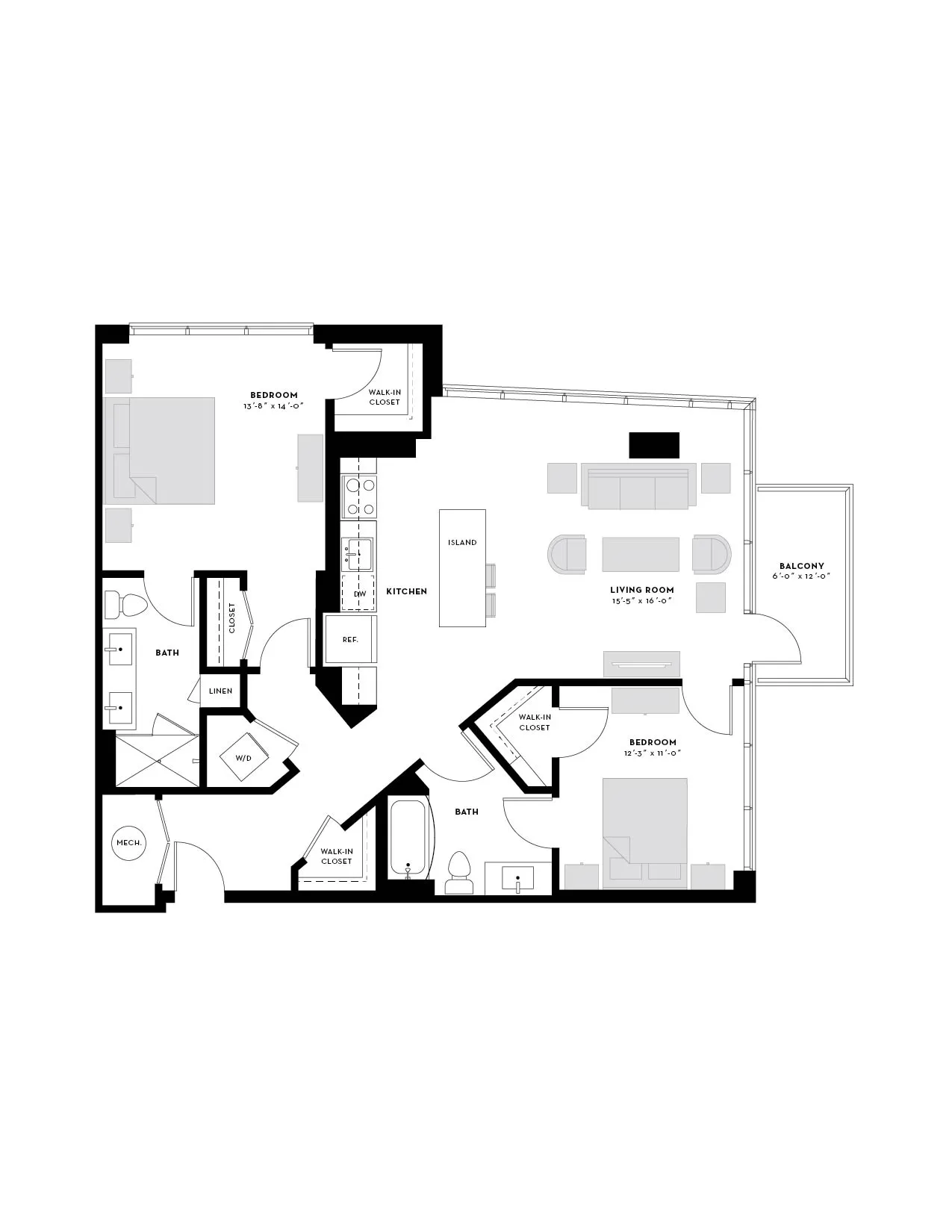 Modern apartment floor plan featuring 2 spacious bedrooms, open-concept living and dining area, sleek kitchen with island, and private balcony.