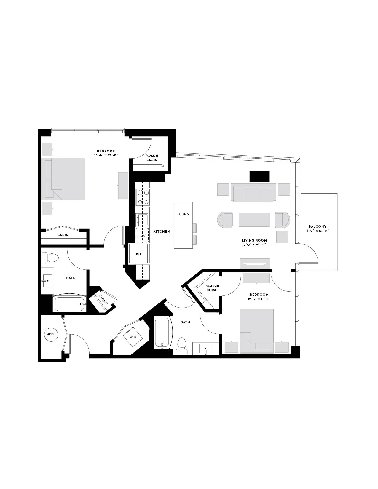 Elegant floor plan layout showcasing 2 bedrooms, spacious living room with balcony access, modern kitchen with island, and 2 full bathrooms.
