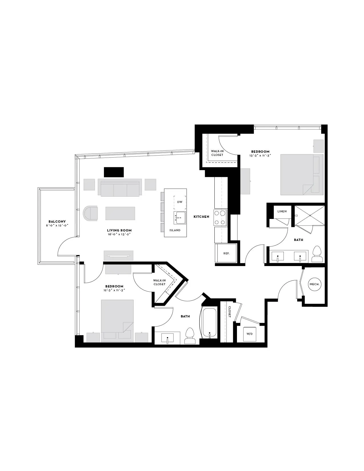Modern floor plan showcasing 2 spacious bedrooms, open-concept living room, sleek kitchen with island, and private balcony.