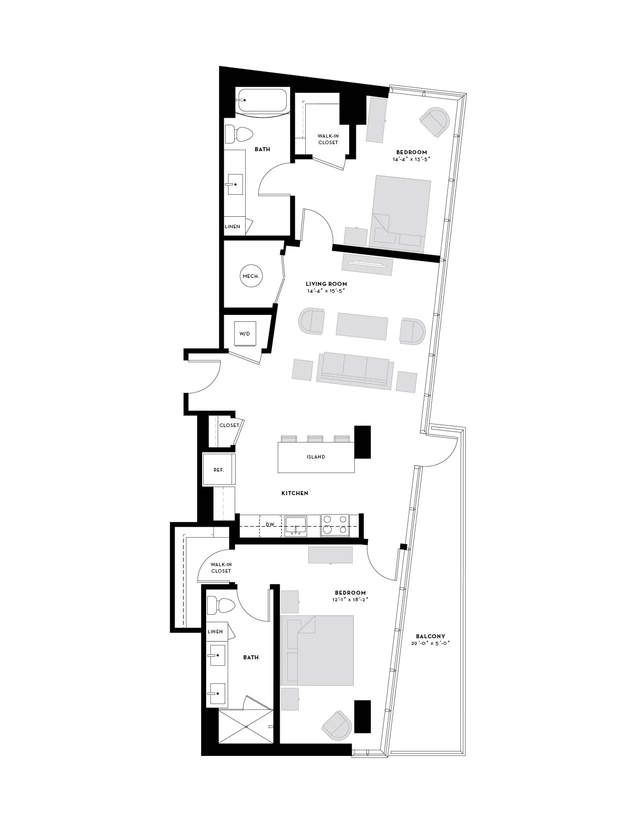 Modern floor plan showcasing 2 spacious bedrooms, a sleek kitchen with an island, open living area, and a private balcony.