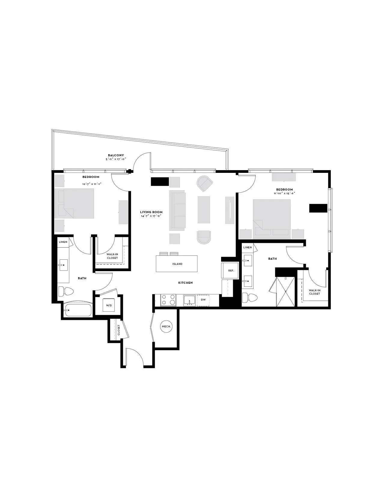 Elegant 2-bedroom floor plan with spacious living room, modern kitchen island, and private balcony. Featuring two bathrooms and ample closet space for comfortable living.