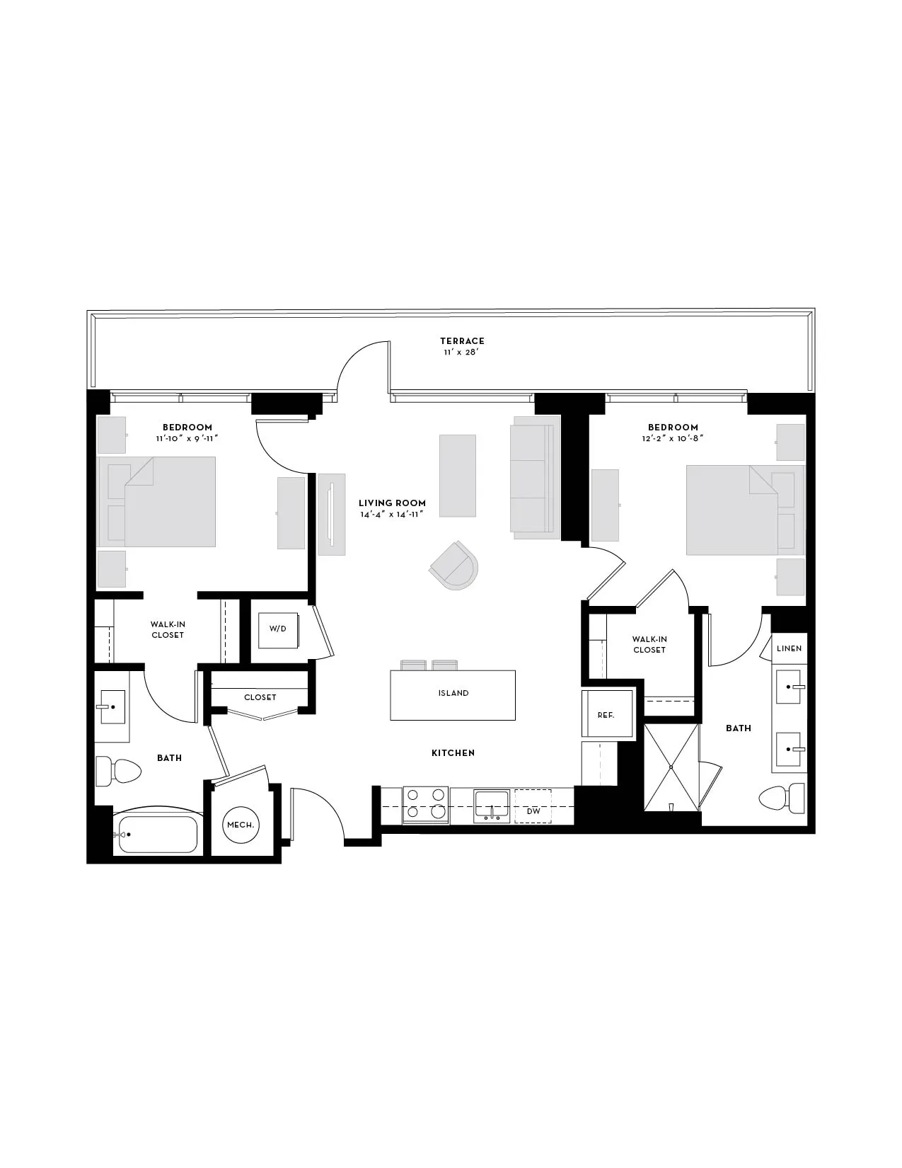 Elegant floor plan showcasing 2 spacious bedrooms, open-concept living area, modern kitchen with island, extensive terrace, and luxurious bathrooms.
