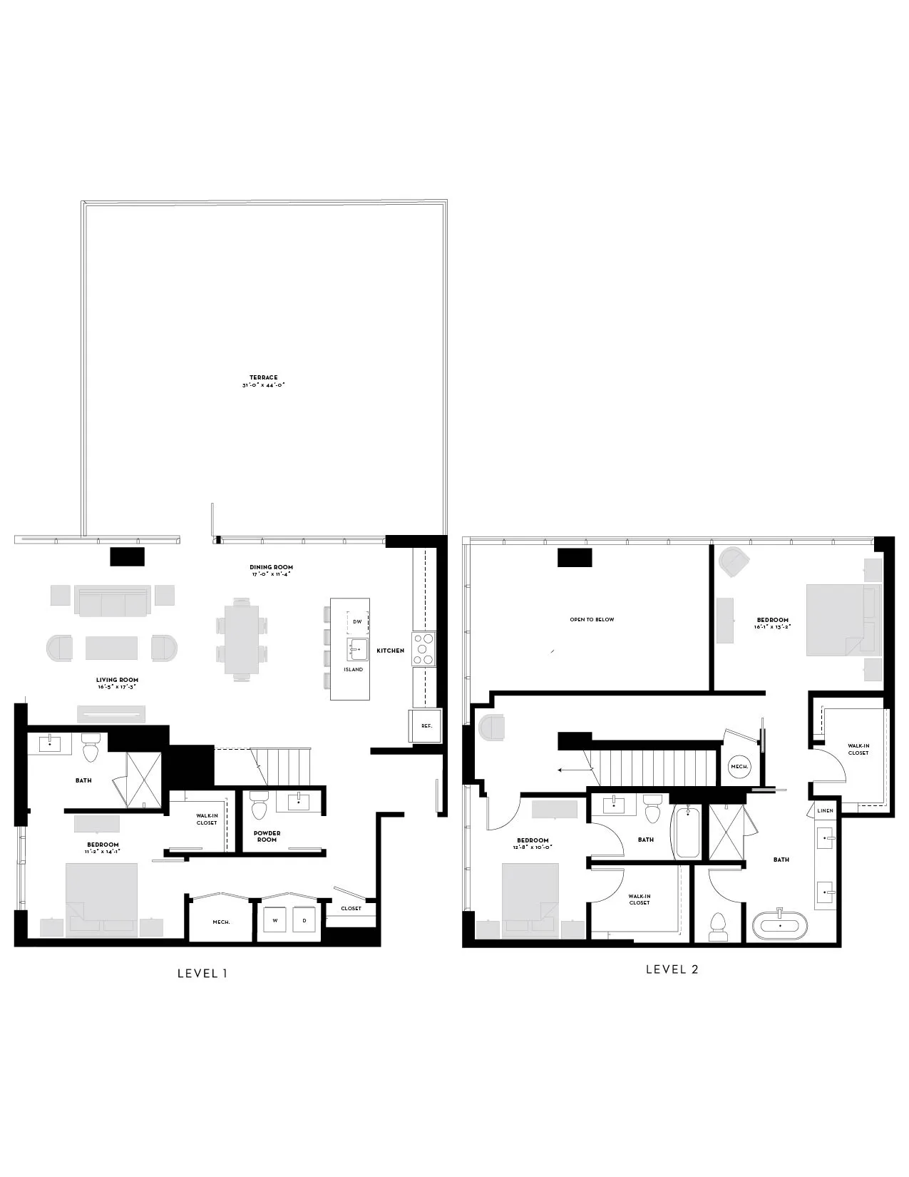 Modern two-level floor plan with spacious terrace, featuring four bedrooms, open-concept living and dining area, and sleek kitchen design.