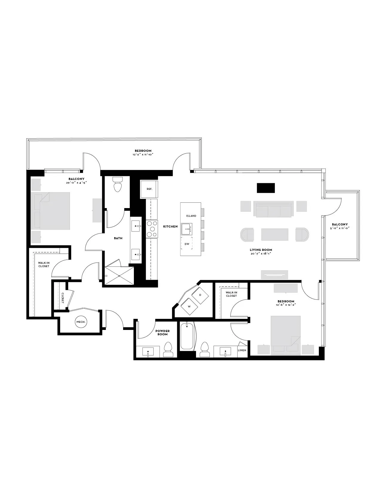 Modern apartment floor plan with 2 spacious bedrooms, elegant open-concept living and kitchen area, featuring dual balconies and convenient walk-in closets.
