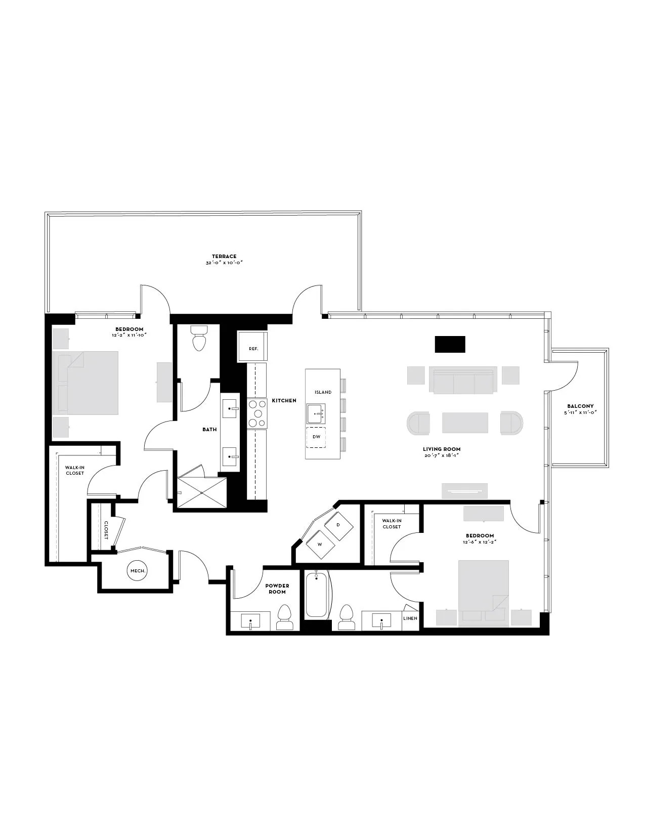 Contemporary floor plan showcasing 2 spacious bedrooms, open-concept living room, sleek kitchen with island, luxurious terrace, and cozy balcony.