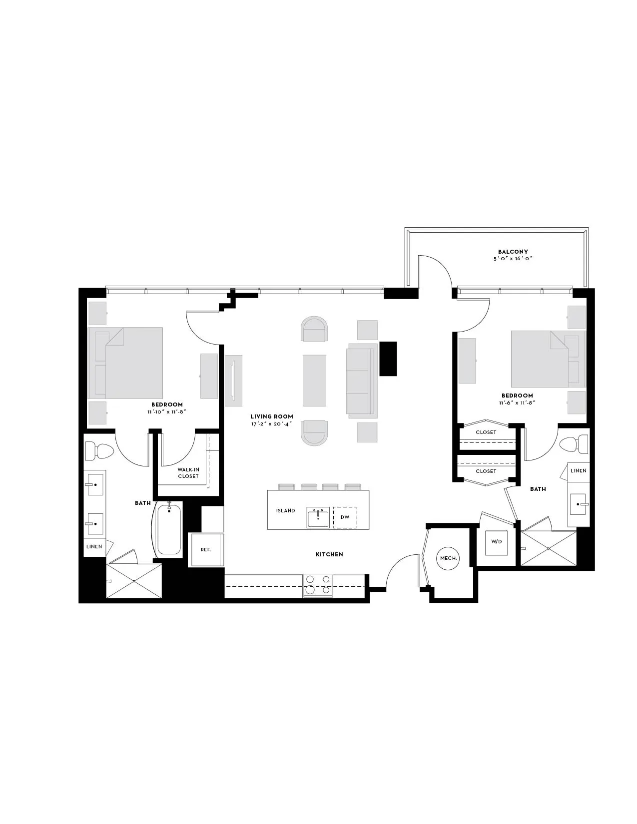 Contemporary floor plan featuring 2 bedrooms, open living and kitchen area, and dual balconies with relaxing view.