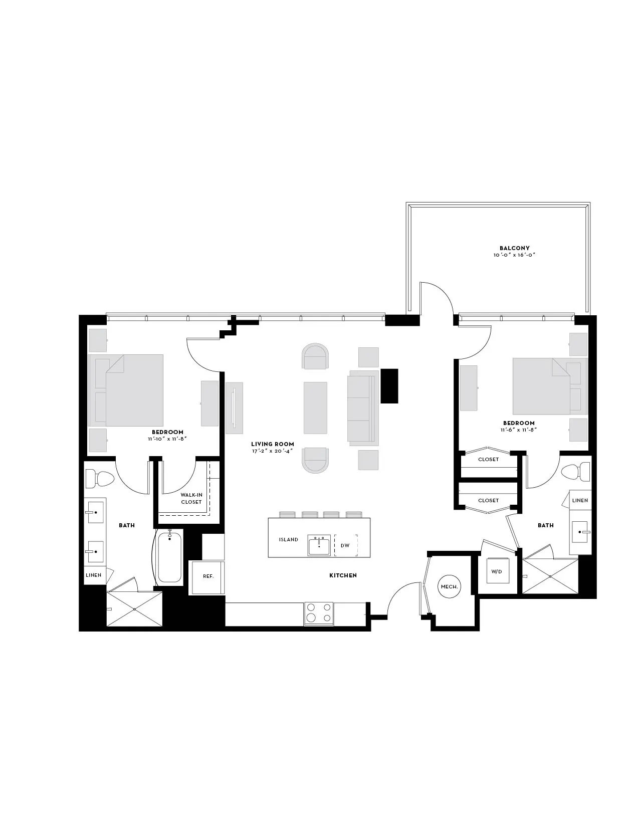Modern floor plan showcasing an open-concept living room with kitchen island, two spacious bedrooms, and a private balcony.