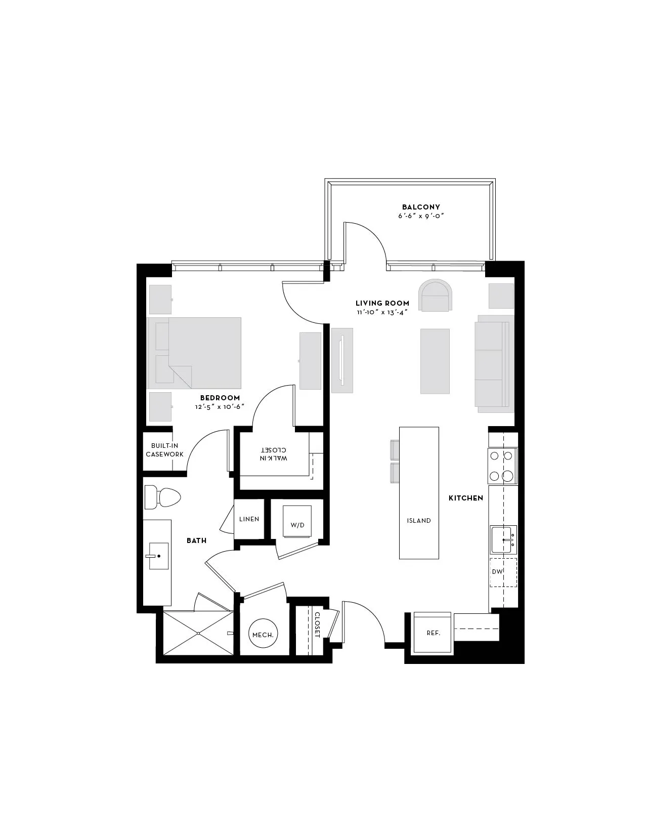 Chic floor plan featuring 1 bedroom, a modern kitchen with island, spacious living room, and a cozy balcony.