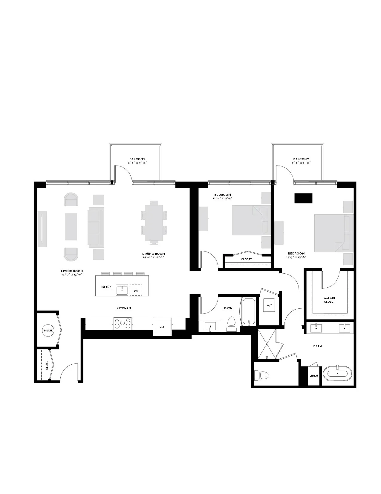 Modern 2D floor plan showcasing 2 bedrooms, 2 baths, a sleek kitchen, open living and dining areas, and dual balconies.