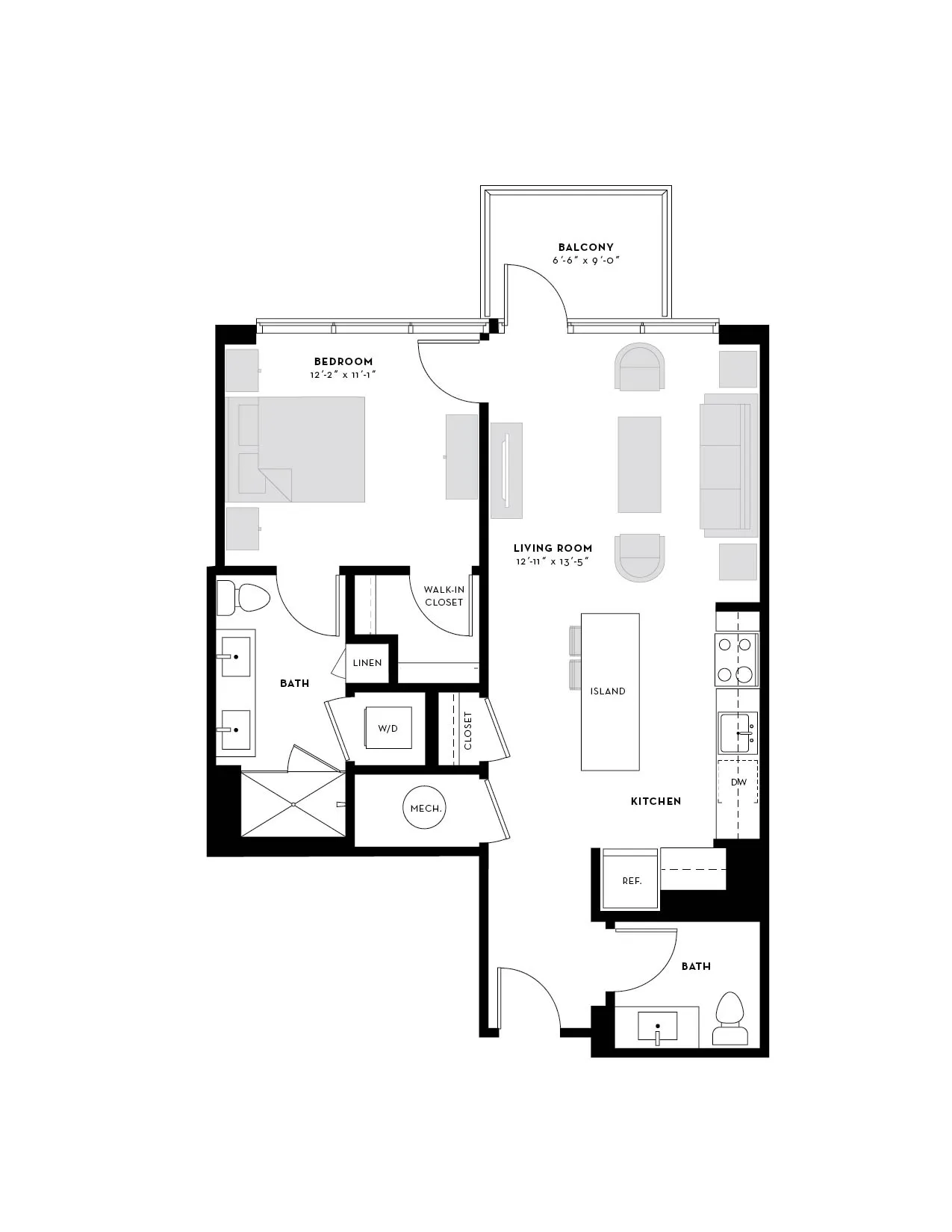 Elegant floor plan featuring 1 bedroom, a spacious living room with balcony, modern kitchen with island, and dual bathrooms.
