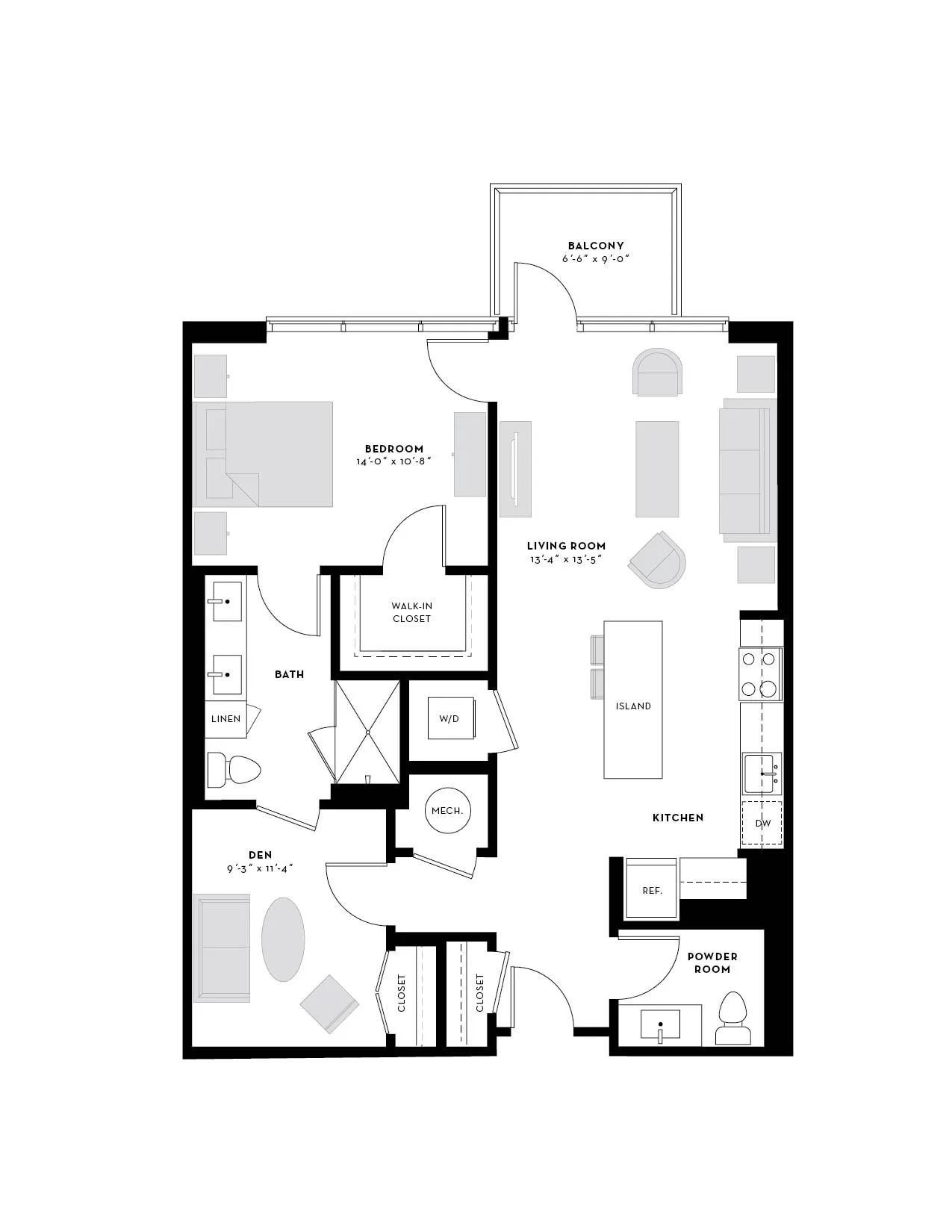 Modern apartment floor plan featuring one bedroom, a spacious living room, open kitchen with island, cozy den, balcony, and two bathrooms.