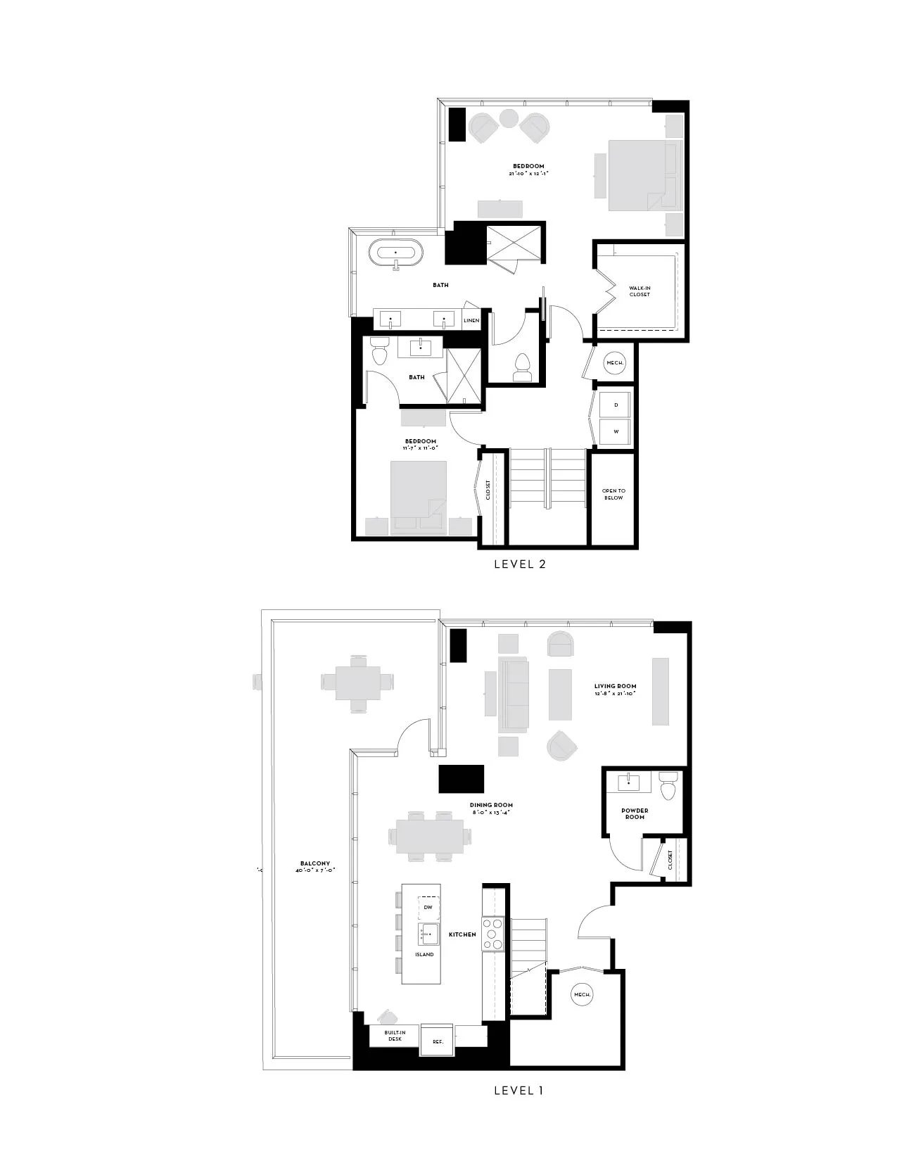 Modern two-level floor plan with 2 bedrooms, spacious living and dining areas, stylish kitchen with island, powder room, and expansive balcony.