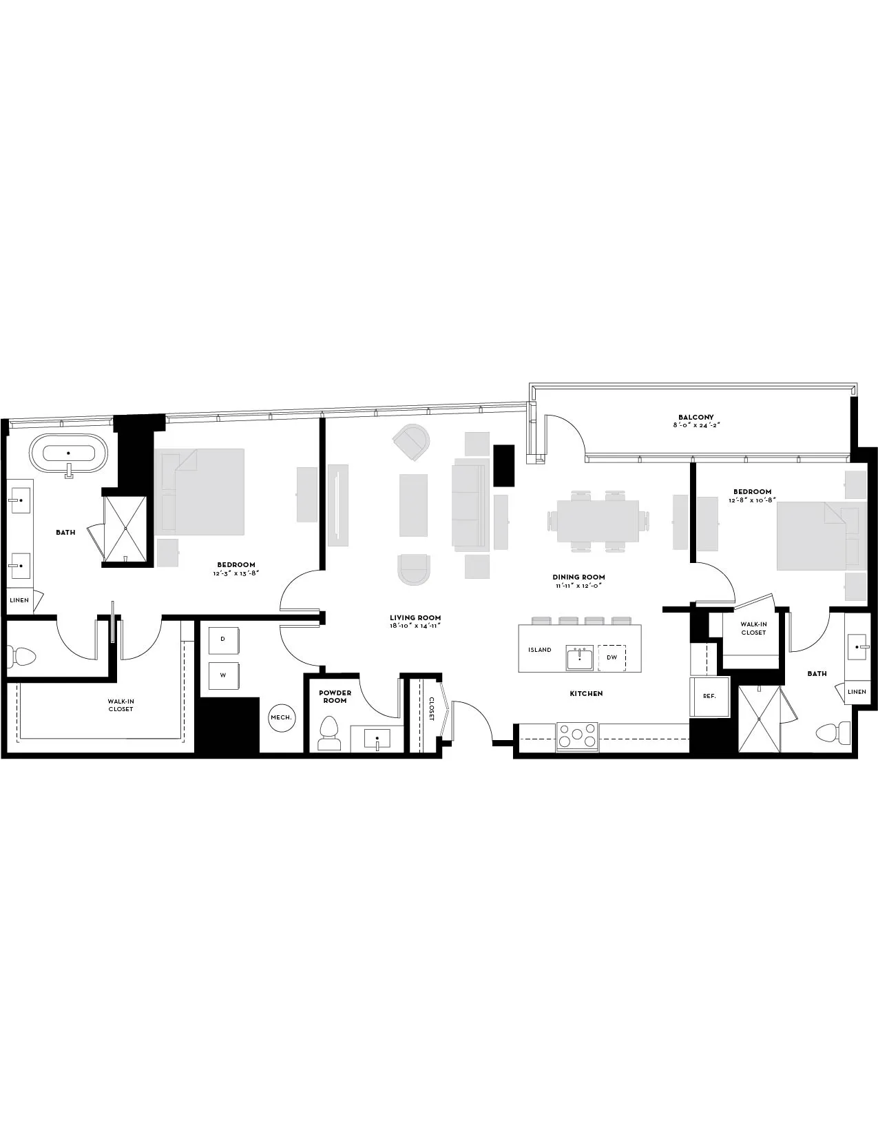 Elegant floor plan showcasing 2 bedrooms, expansive living area, contemporary kitchen with island, and a private balcony.