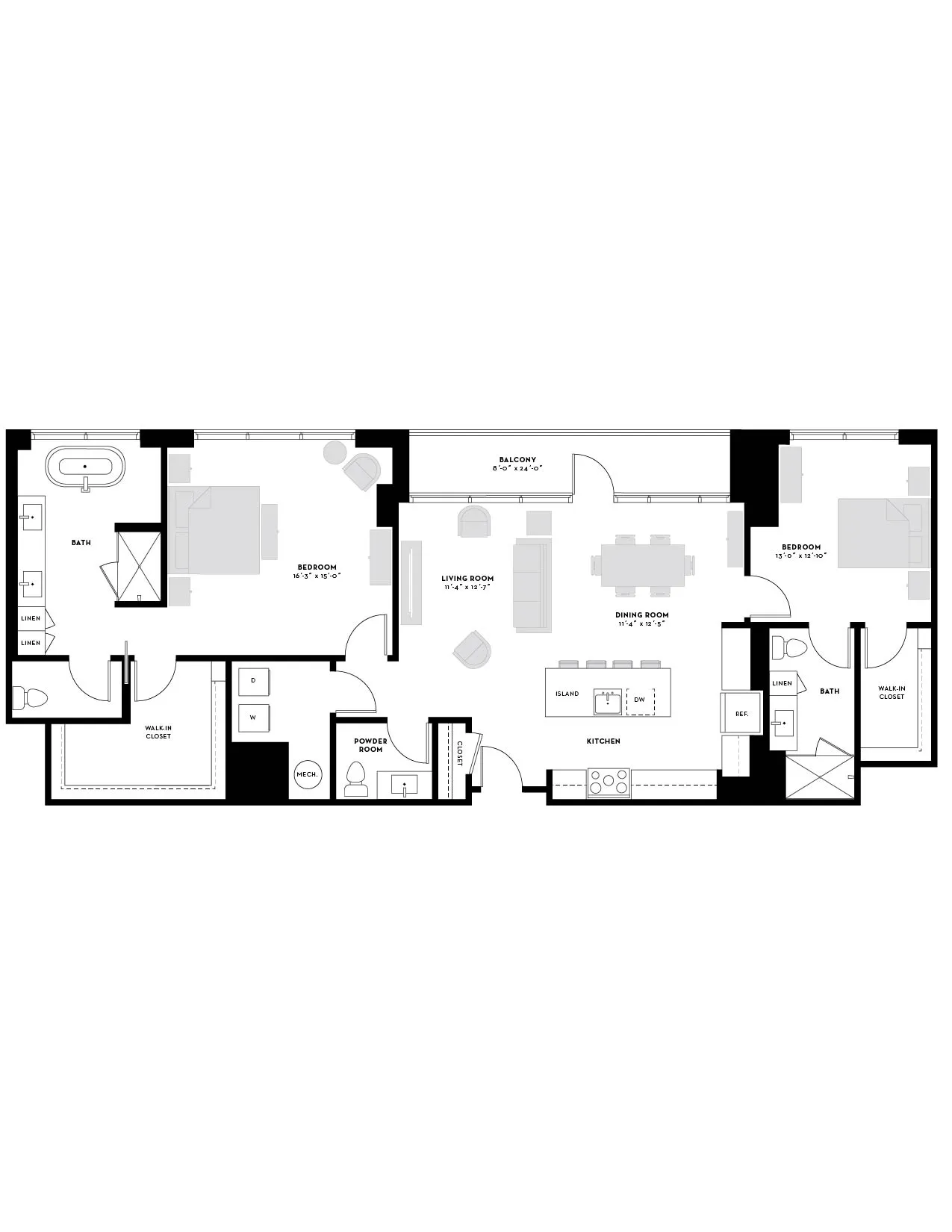 Elegant floor plan showcasing 2 spacious bedrooms, modern kitchen with island, dining area, cozy living room, and two stylish bathrooms with walk-in closets.