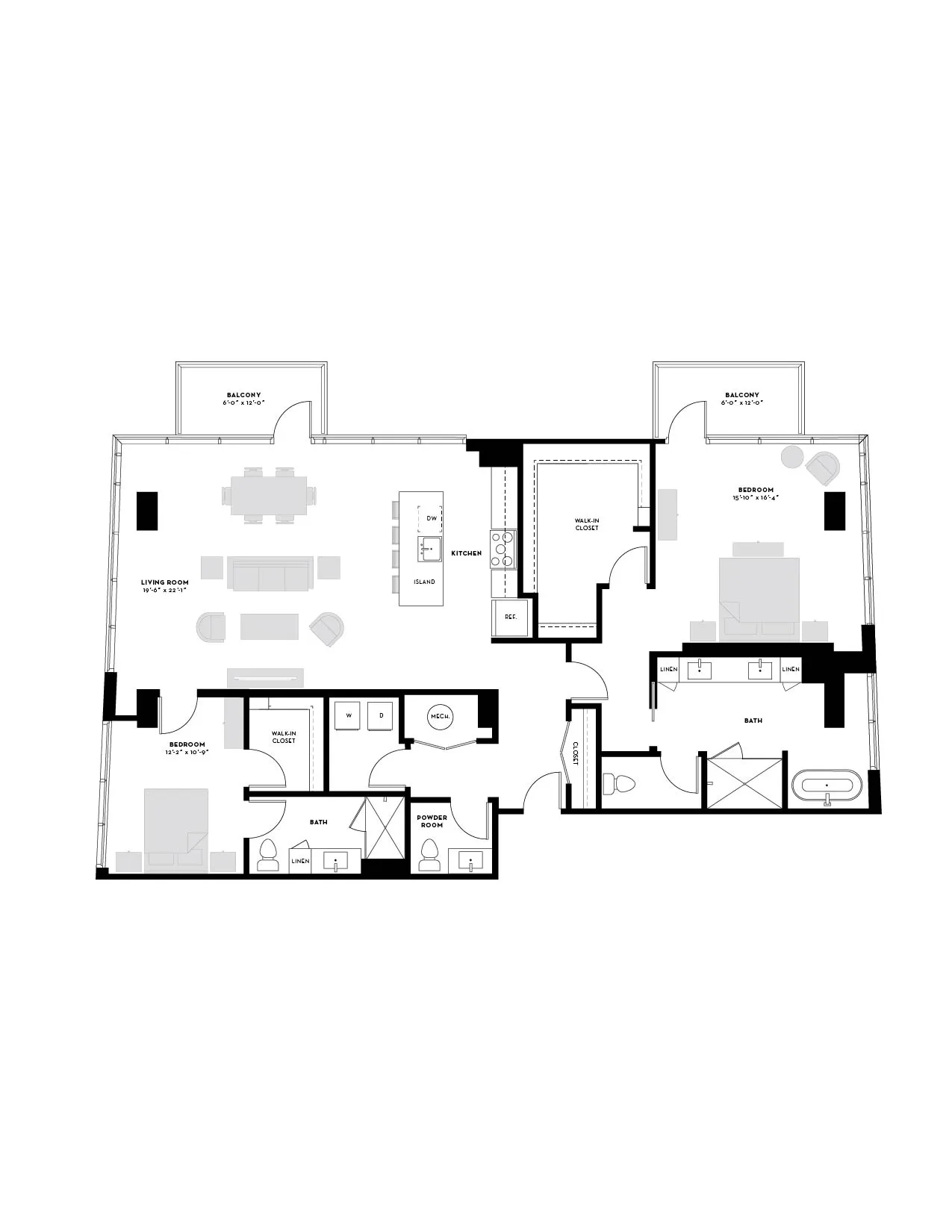 Contemporary 2-bedroom floor plan featuring two balconies, an open-concept living room with kitchen island, and spacious walk-in closets. Includes two bathrooms and a powder room.