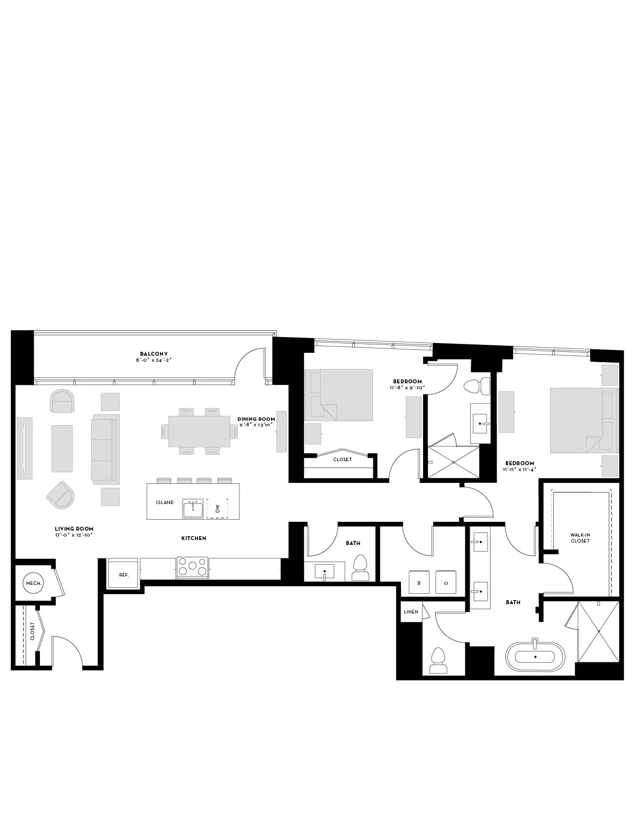 Modern apartment floor plan showcasing 3 bedrooms, spacious living and dining area, open kitchen with island, and multiple bathrooms.